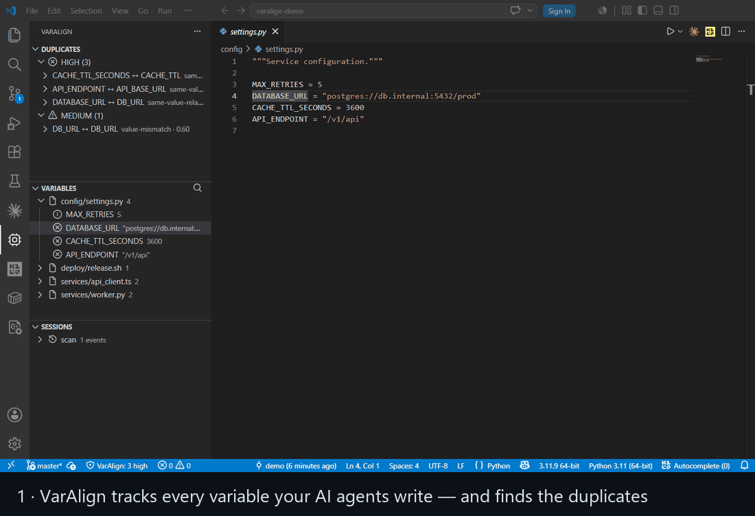 Animated demo: VarAlign finds duplicate variables in VS Code, a pair is reviewed and dismissed, and a fix prompt is generated