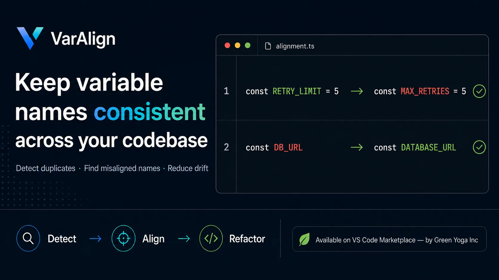 VarAlign showing mismatched variable names on the left aligned into consistent names on the right